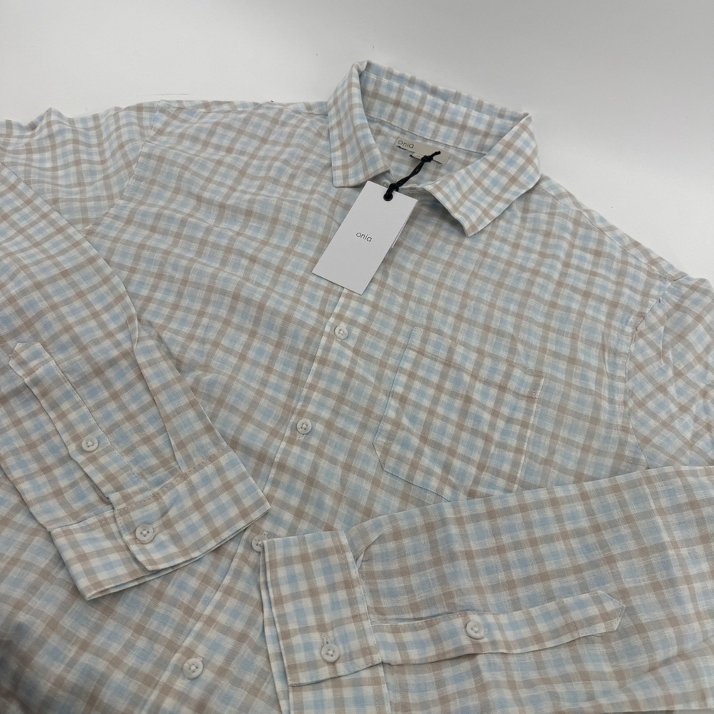 Onia Mens XL Linen Viscose Gingham Long Sleeve Shirt Soft Tan Multi MTS250-02STA